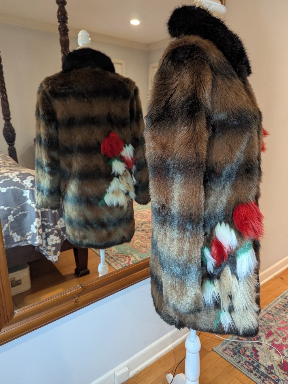 Zara Brown Faux Fur Coat with Black Collar and Red & Green Pom Accents #1253 - Picture 6 of 16